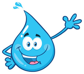 Happy Blue Water Drop Cartoon Character Waving For Greeting. Hand Drawn Illustration Isolated On Transparent Background 