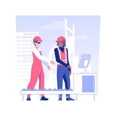 Meeting with supervisor isolated concept vector illustration. Factory worker talking with supervisor, corporate business, conversation with employee, inspection process vector concept. - obrazy, fototapety, plakaty