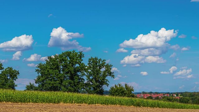 Daytime time lapse pan shot panorama of rural landscape with fields, village, and church tower against the backdrop of clouds floating across the blue sky 