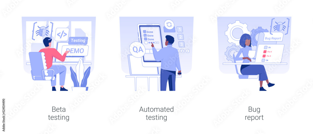 Poster quality assurance team isolated concept vector illustration set. beta testing, automated testing, bu