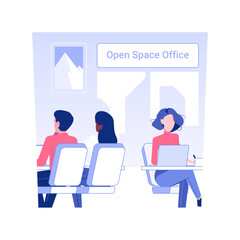 Open space office isolated concept vector illustration. Group of diverse employees working side-by-side in open space office, corporate business, workers lifestyle vector concept.