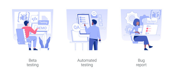 Fototapeta na wymiar Quality assurance team isolated concept vector illustration set. Beta testing, automated testing, bug report, app development, demo version of software, IT company worker vector cartoon.