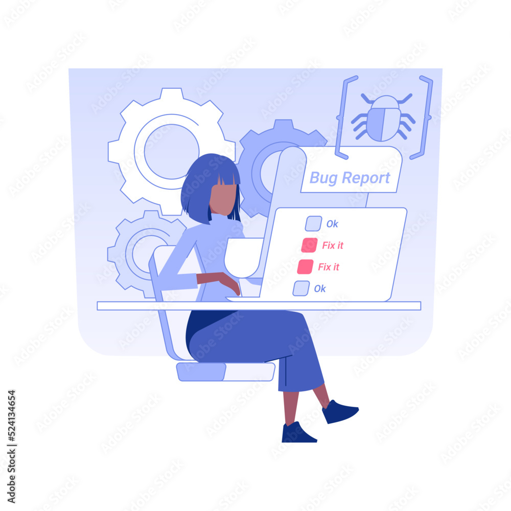 Poster bug report isolated concept vector illustration. professional qa engineer writing bug report documen