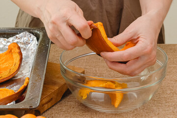 Making pumpkin puree step by step recipe. Scoop out the tender pumpkin freshfrom the outer shell using a spoon.