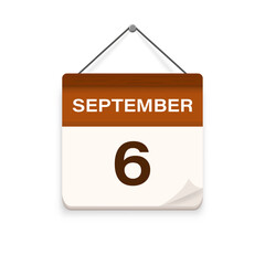 September 6, Calendar icon with shadow. Day, month. Meeting appointment time. Event schedule date. Flat vector illustration.