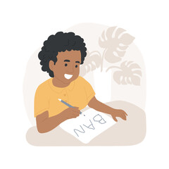 Writing personal name isolated cartoon vector illustration. Child holding pen, language skills development, preschool writing lesson, kindergarten activity, spelling vector cartoon.