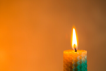 Candle flame close up on background. Melted Wax Candle light border design. Burning  Candlelight. copy space