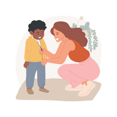 Getting dressed isolated cartoon vector illustration. Woman helps toddler to put on clothes, caregiver dressing child, get dressed, early education, daycare, in-home childcare vector cartoon.
