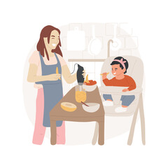 Preparing food isolated cartoon vector illustration. Woman cooking for child, preparing food, caregiver feeding toddler, in-home help with children, professional service vector cartoon.