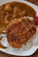 Top view of curry rice with pork tonkatsu