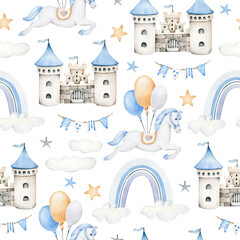 Baby pattern with castle,horse,cloud,rainbow,star, flag,cloud,balloon.Kids print