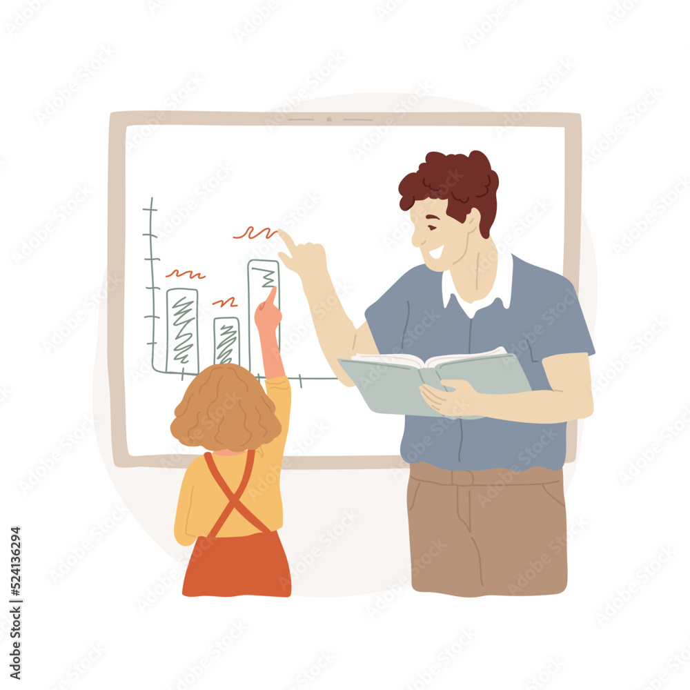 Poster interactive whiteboard isolated cartoon vector illustration. student drawing graph in interactive no