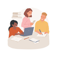 Obraz premium Group peer tutoring isolated cartoon vector illustration. Group of students sit at the table, peer tutoring, changing roles, help each other, class-wide independent learning vector cartoon.
