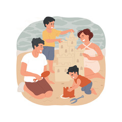 Obraz premium Sandcastle isolated cartoon vector illustration. Happy family building a sandcastle, child using bucket and a scoop, making tower from sand, beach activity, summer holiday vector cartoon.