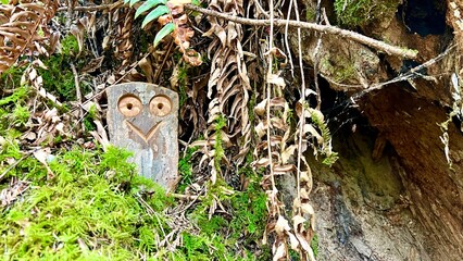 Fun wooden craft hidden in the jungle Smiling owl two eyes There is space for text Englishman river falls park Parksville Qualicum Vancouver Island Canada. High quality photo