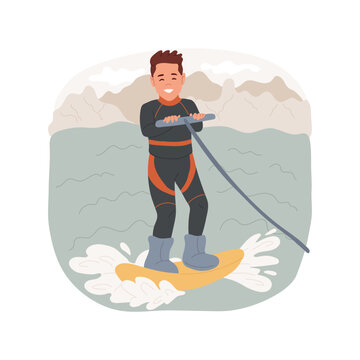 Wakeboarding Isolated Cartoon Vector Illustration. Cable Wake Park, Learn Wakeboarding, Extreme Watersport, Kid In A Wetsuit, Making Trick, Family Active Lifestyle, Vacation Vector Cartoon.