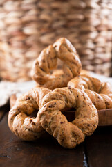 Taralli, a popular cheap snack, for sale in Naples, Italy. Neapolitan cookies called made with lard almond or black pepper. Vertical view, for social networks and advertising
