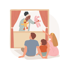 Puppet show isolated cartoon vector illustration. Puppet theatre, family outing with kids, watching show, leisure time, fairy tale play for children, amusement park, comedy vector cartoon.