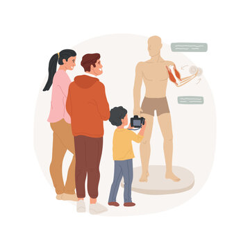 Human body stand isolated cartoon vector illustration. Anatomy stand, learn human body parts, science museum exposition, children and parents explore muscle movement on a model vector cartoon.