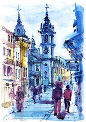 Obraz premium Lisbon Portugal Watercolor Travel Sketch. Lisbon cityscape. Portugal Architecture. Streets of the old city
