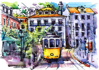 Old Tram Lisbon Portugal. Watercolor Travel Sketch. Lisbon cityscape. Portugal Architecture. Streets of the old city