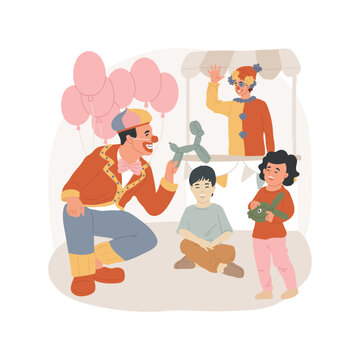 Clown show isolated cartoon vector illustration. Clown performing for children, funfair, family visit amusement park, entertainment, kids laughing, modelling balloon show vector cartoon.