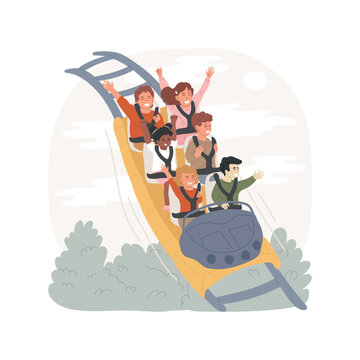 Roller coaster isolated cartoon vector illustration. Kids on colorful roller coaster, amusement park ride, family having fun, attraction, children screaming, high speed riding vector cartoon.