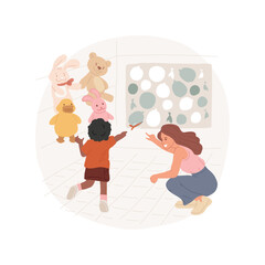 Play games of luck isolated cartoon vector illustration. Family playing game, throwing darts in balloons, win prize, stuffed animals on the walls, child gets toy, amusement park vector cartoon.