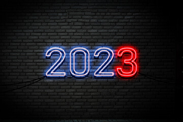 neon number 2023 on the wall, happy new year holidays, neon frame in the night outdoors