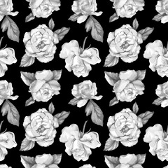 Black and white illustration of seamless pattern of tender roses with leaves