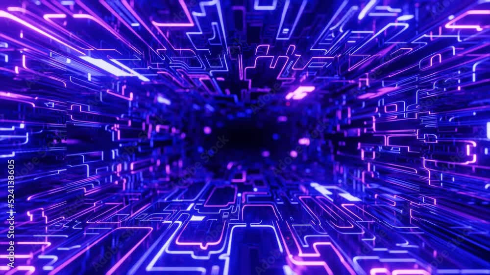 Poster complex holographic structures. fly through mirror tunnel with neon pattern, glow lines form sci fi 