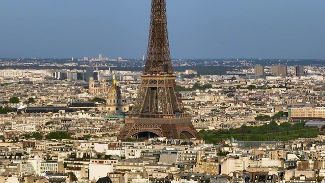 Aerial view sunny day in Paris city famous central tower district aerial panorama 4k France. Parallax effect.