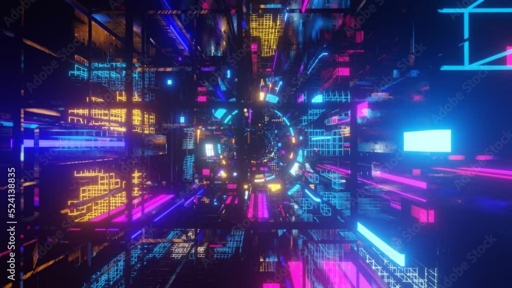 Poster abstract frames and boxes. fly through technology cyberspace with neon glow. sci-fi flight through h
