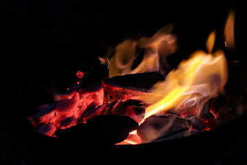 barbecue fire burning charcoal on black background