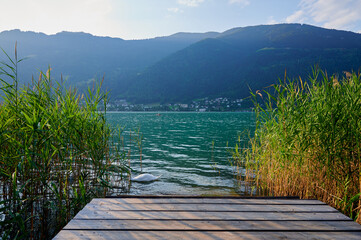 Wooden jetty with reeds, view of lake Ossiach in Austria just before sunset