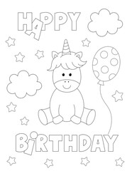 happy birthday coloring page for kids. a cute unicorn, a balloon, clouds and many fun shapes to color. you can print it on standard 8.5x11 inch paper