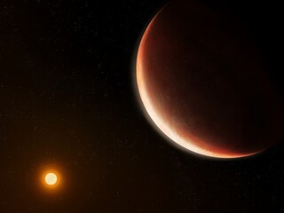 Red planet in the solar system. Mars-like planet next to a star. Beautiful Sci-Fi background. © Nazarii