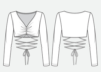 Woman crop top with drawstring detail technical drawing