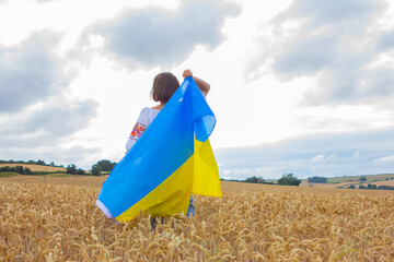 Ukrainian girl with a big yellow-blue flag stands in a wheat field, back view. national woman clothes and symbols of Ukraine, patriotism, Independence Day and other holidays.