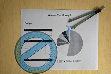 Navigating a budget pie chart with vintage dividers protractor on wooden chart table.