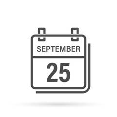 September 25, Calendar icon with shadow. Day, month. Flat vector illustration.