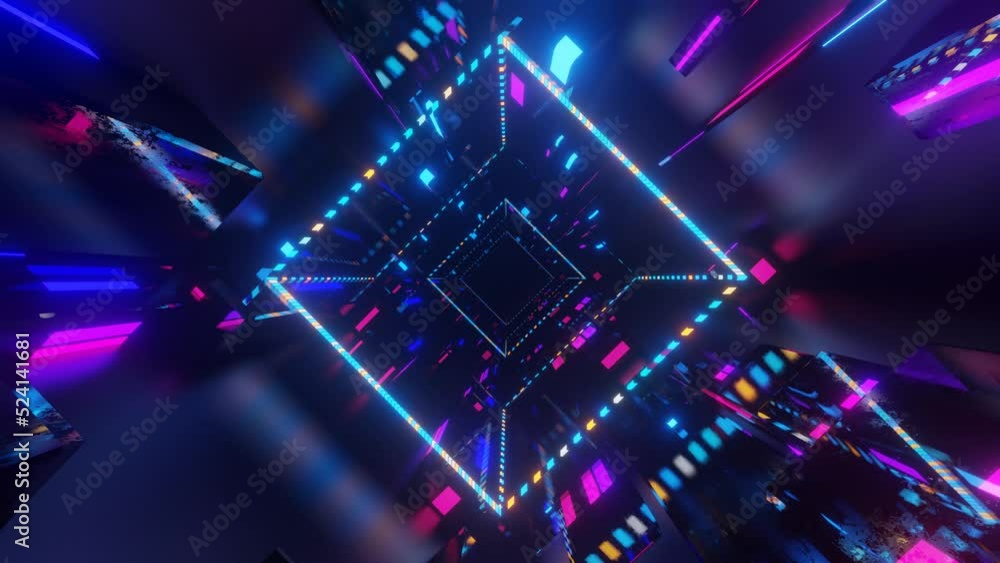 Poster abstract frames and boxes. fly through technology cyberspace with neon glow. sci-fi flight through h
