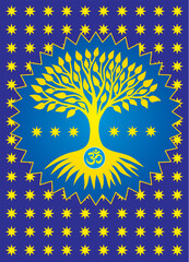 The tree of life is blue-blue with the sign Aum, Om, Ohm against the background of the yellow sun. Vector graphics.