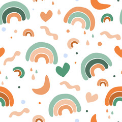 Obraz premium Seamless pattern with cute baby print. Abstract minimalistic rainbows, hearts, simple geometric shapes. Vector graphics.