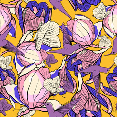 Seamless vector botanical pattern with magnolias and crocuses, hummingbirds and butterflies in flat technique 