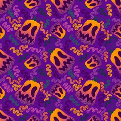 Naklejka premium Halloween seamless pumpkins and witch hat and ghost pattern for fabrics and wrapping paper and clothes print