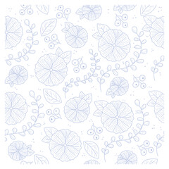 Blue hand drawn floral seamless pattern. Flowers leaves and berries. Grunge.