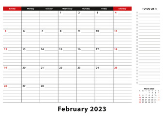 February 2023 Monthly Desk Pad Calendar week starts from sunday, size A3.