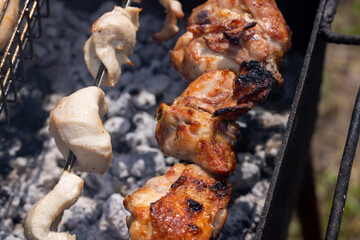 A fire made of logs while cooking barbecue