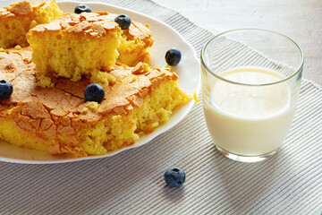 handmade sponge cake or sponge biscuit with blueberries on white ceramic plate.